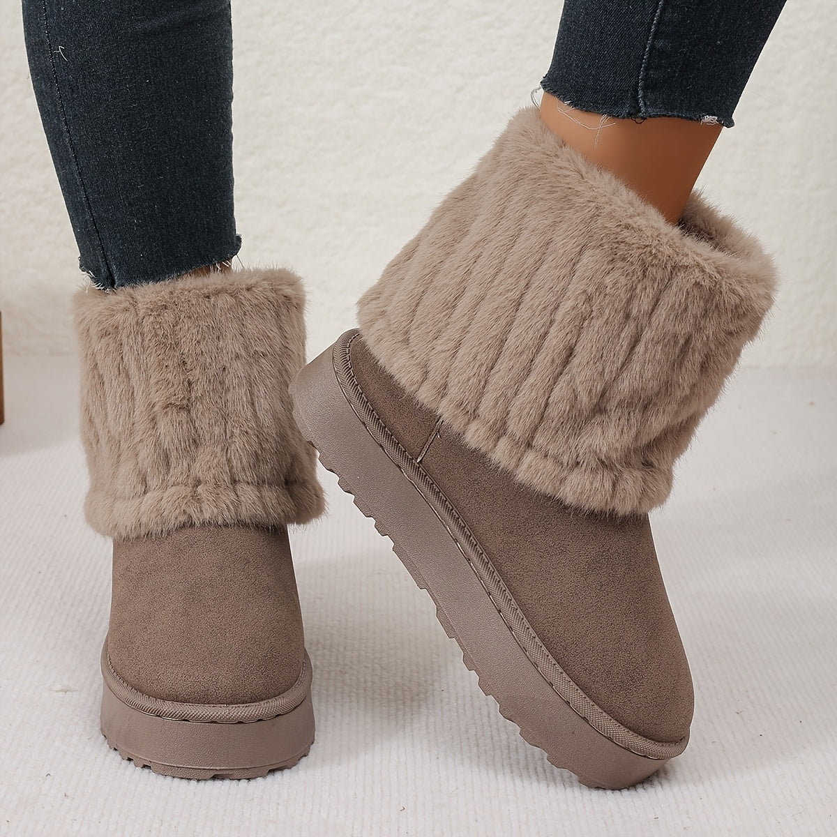 Women's Plush Cuff Snow Boots Platform Fold-Over Suede Winter Warm Slip-On