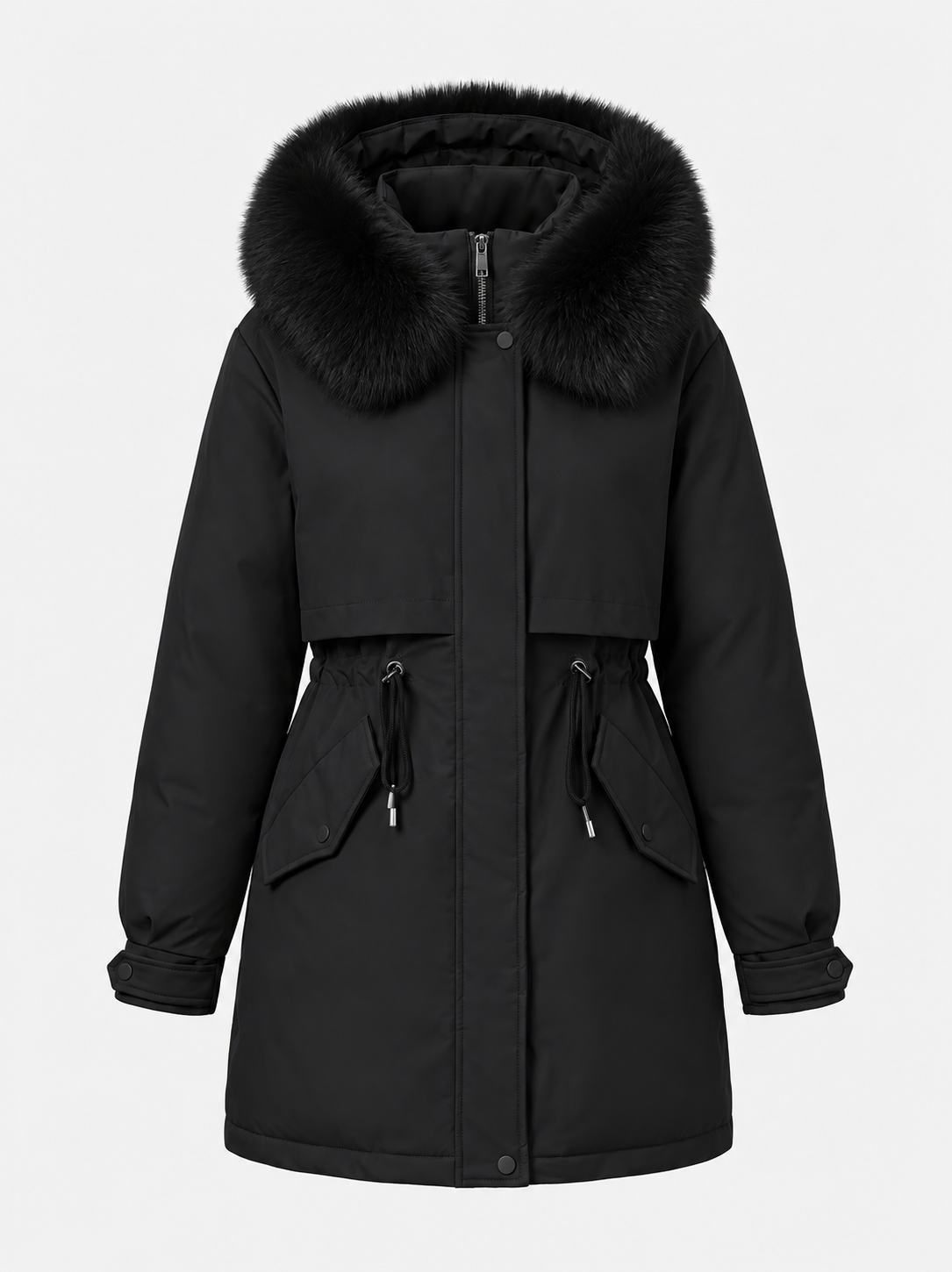 Women's Faux-Fur Hooded Parka Drawstring Waist Zip-Up Padded Flap-Pocket Warm