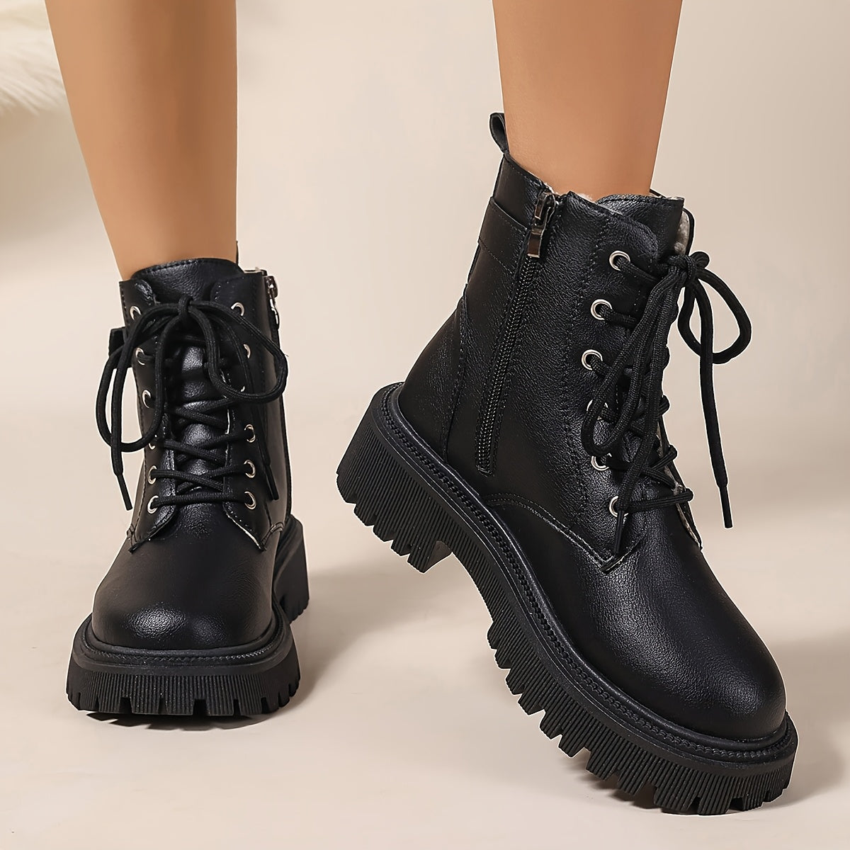 Women's Combat Boots Lace-Up Side-Zip Platform Fur-Lined Ankle Black