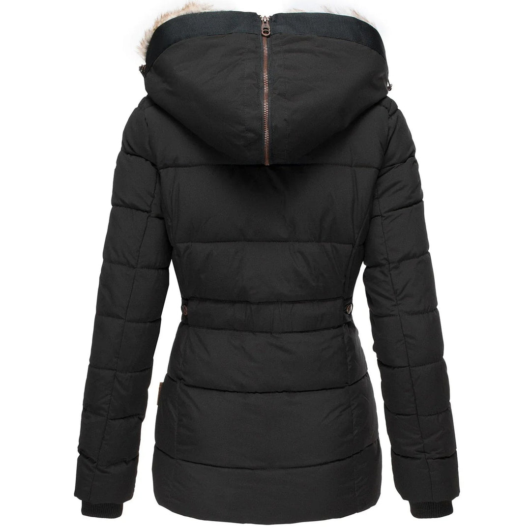 Women's Quilted Puffer Jacket Faux-Fur Hood Fitted-Waist Zip-Up