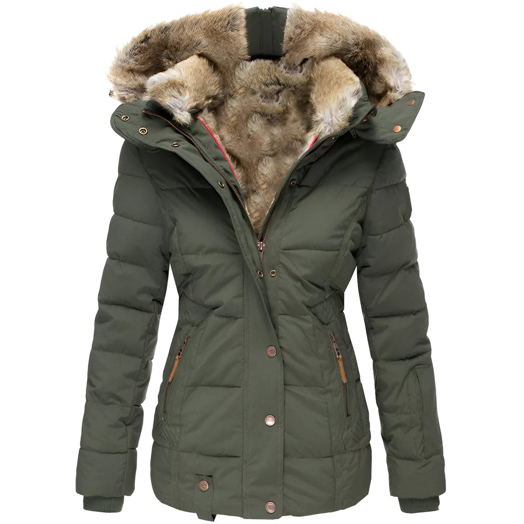 Women's Quilted Puffer Jacket Faux-Fur Hood Fitted-Waist Zip-Up