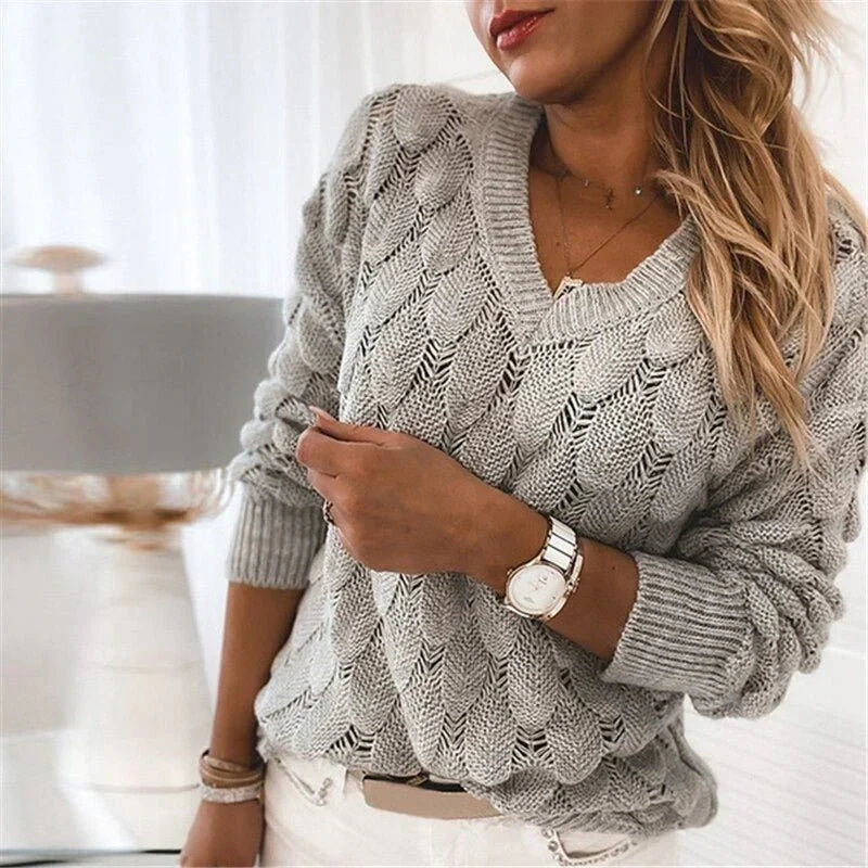Women's Pointelle Knit Sweater V-Neck Feather Textured Scalloped Relaxed
