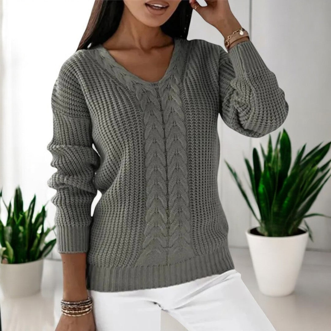 Women's Cable Knit Sweater V-Neck Waffle Textured Relaxed Long-Sleeve Pullover