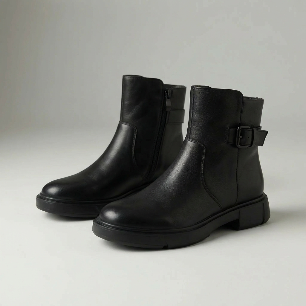 Women's Leather Ankle Boots Buckle Strap Side Zip Block Heel Round Toe Vintage