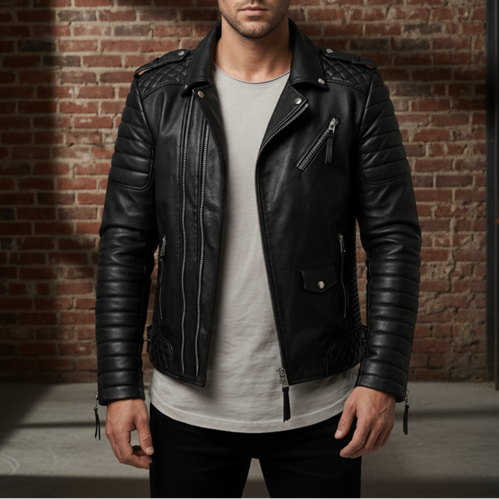 Men's Faux Leather Moto Jacket Asymmetric Zip Quilted Shoulder Lapel Biker Style