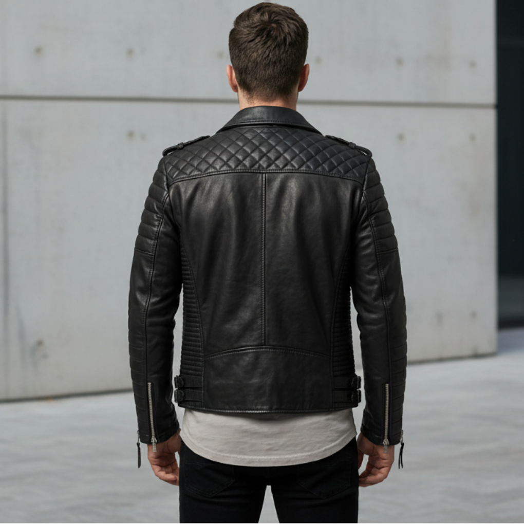 Men's Faux Leather Moto Jacket Asymmetric Zip Quilted Shoulder Lapel Biker Style