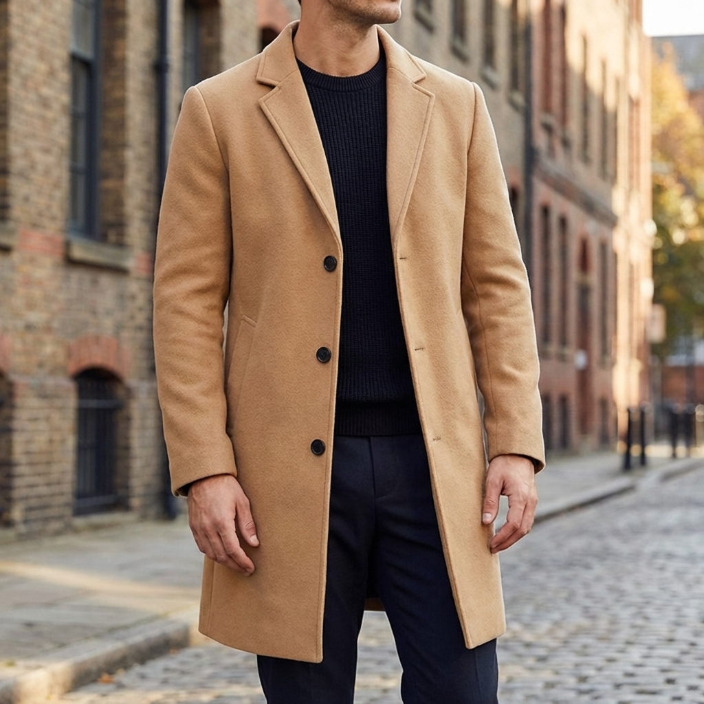 Men's Wool Overcoat Notch Lapel Single-Breasted Button Front Long Winter Coat