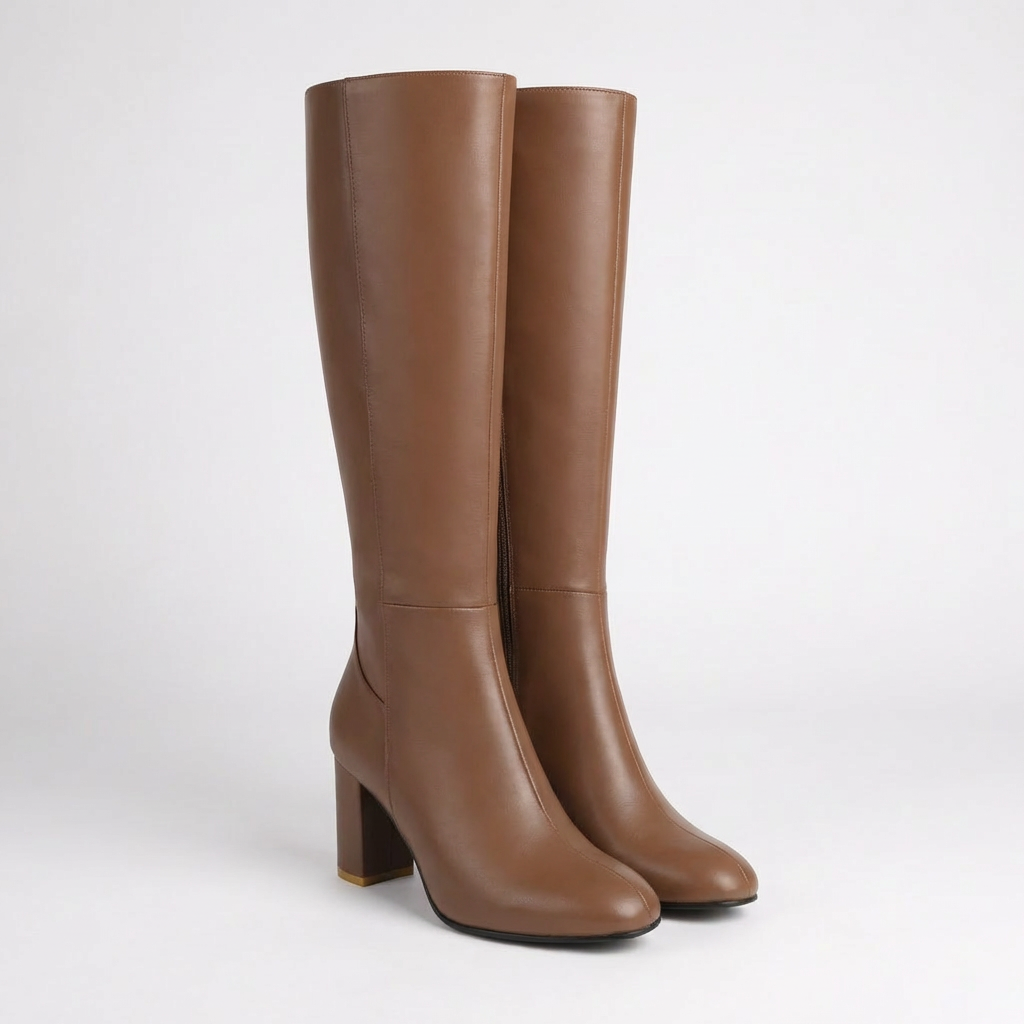 Women's Leather Knee-High Boots Block Heel Round-Toe Side-Zip