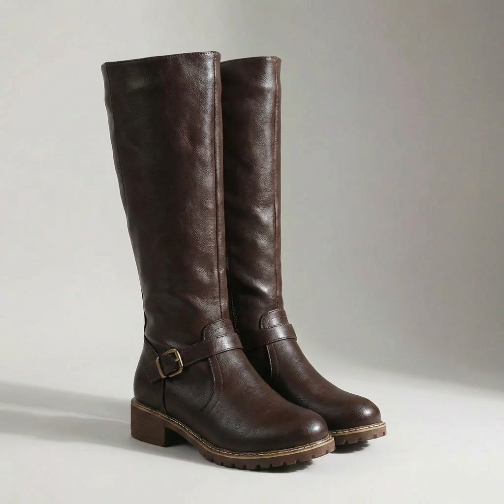 Women's Knee High Riding Boots Buckle Side Zip Block Heel Round Toe Equestrian