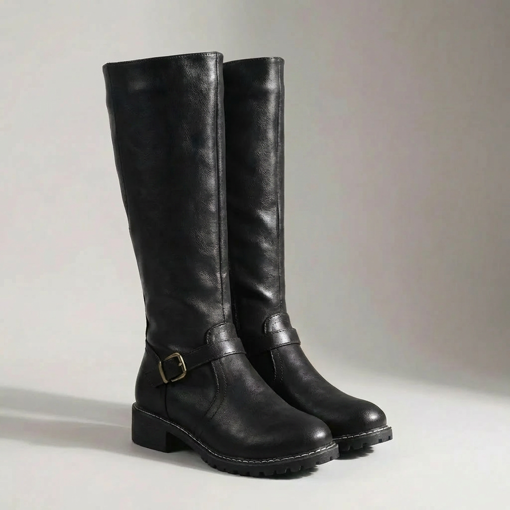 Women's Leather Knee-High Riding Boots Buckle Block Heel Lug-Sole