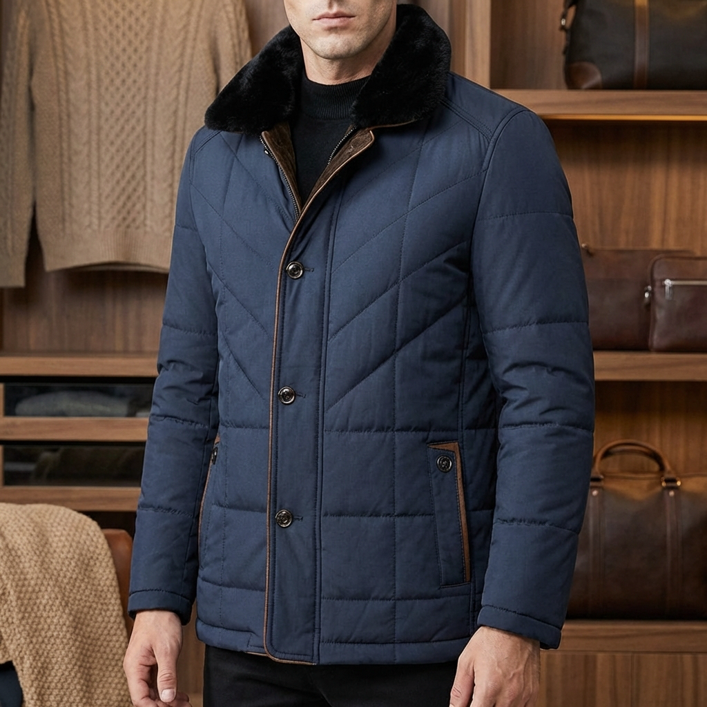 Men's Quilted Winter Jacket Fur Collar Button Front Chevron Padded Warm Tailored