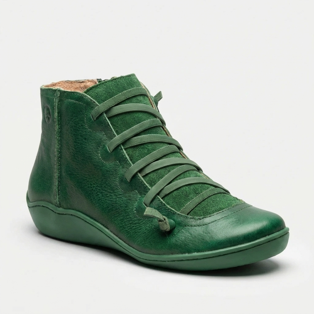 Women's Leather Ankle Boots Lace-Up Side Zip Wedge Round Toe Comfort Booties