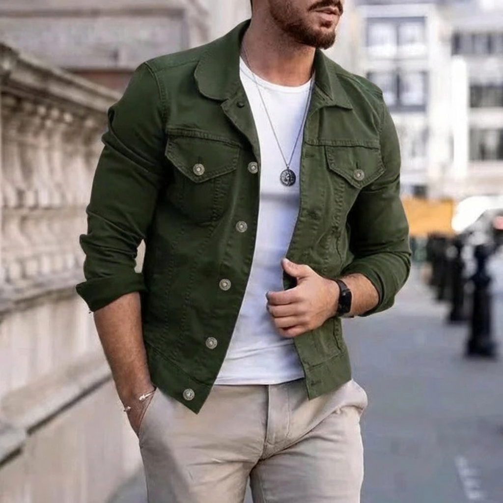 Men's Denim Trucker Jacket Button Front Chest Pocket Classic Collar Regular Fit
