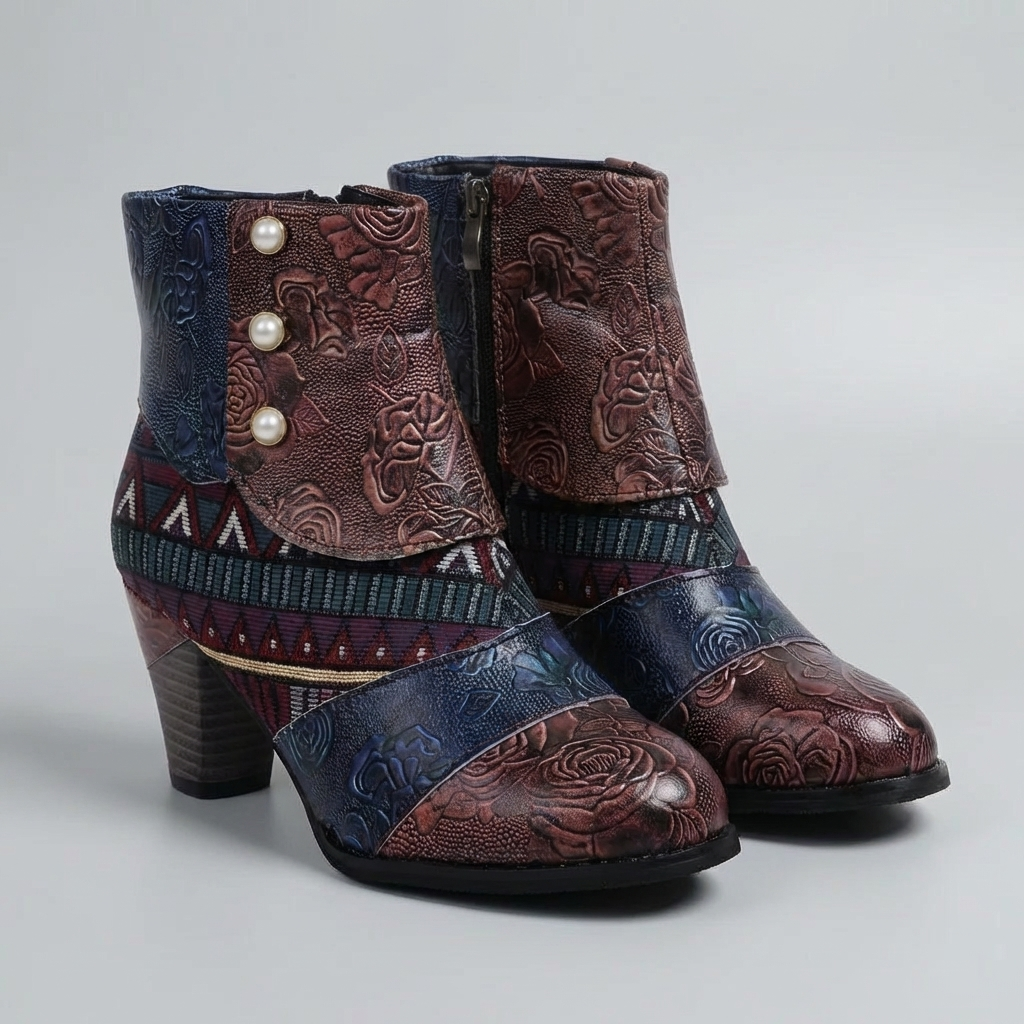 Women's Patchwork Leather Ankle Boots Floral Embossed Block Heel Boho
