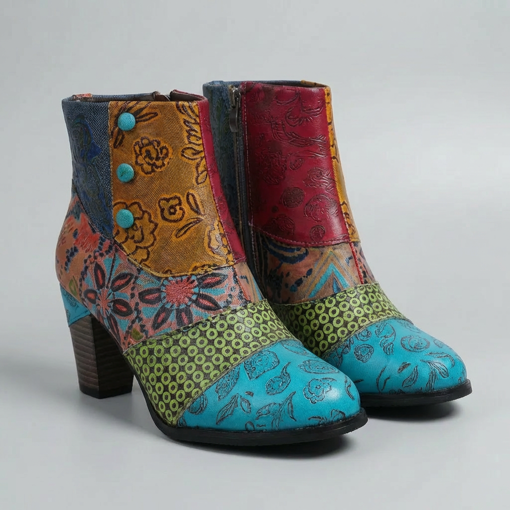 Women's Patchwork Leather Ankle Boots Floral Embossed Block Heel Boho