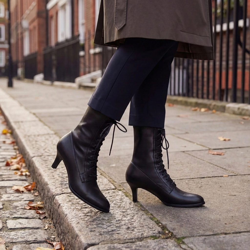 Women's Black Leather Lace-Up Boots Pointed-Toe Kitten-Heel Mid-Calf