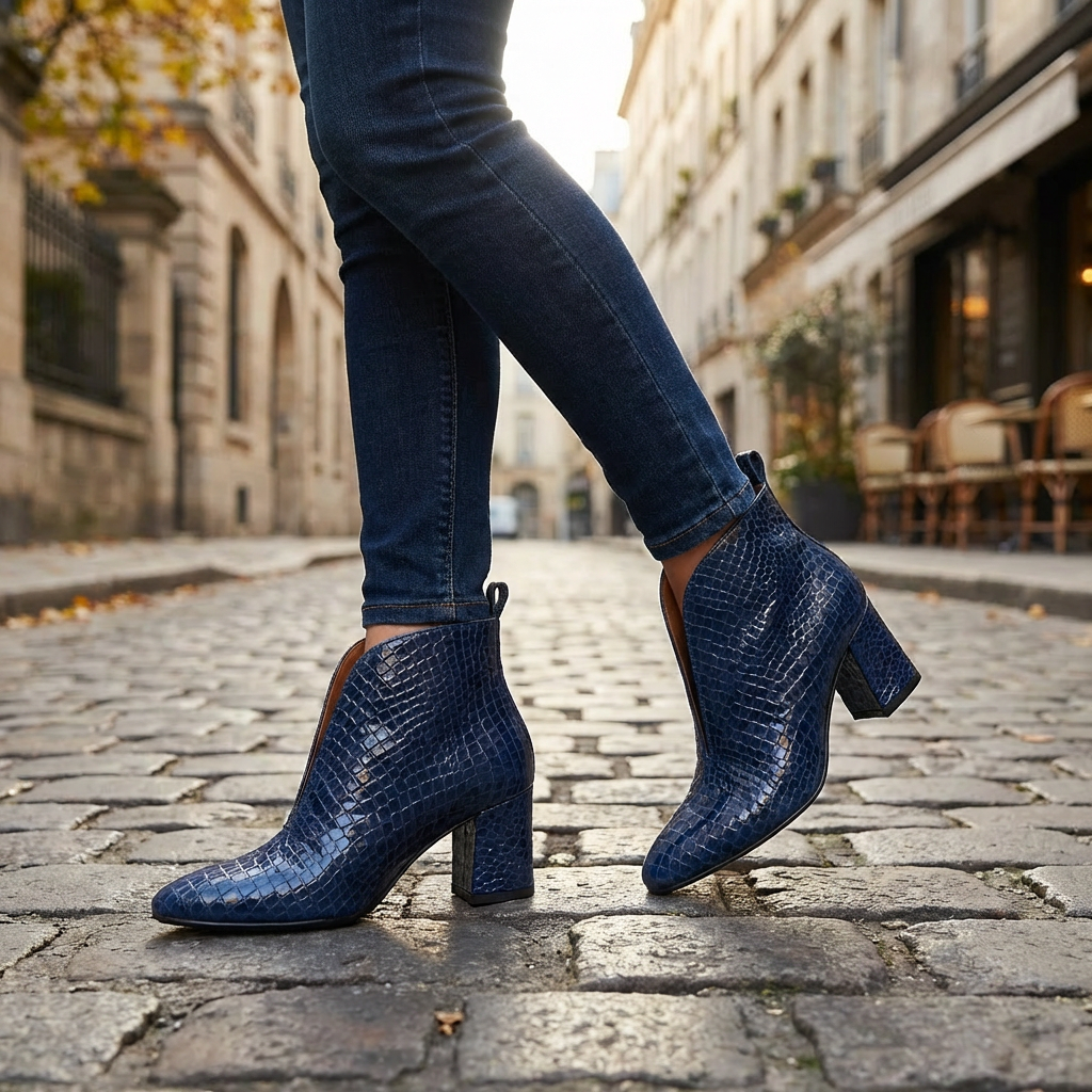 Women's Croc Leather Ankle Boots V-Cut Block Heel Pointed-Toe
