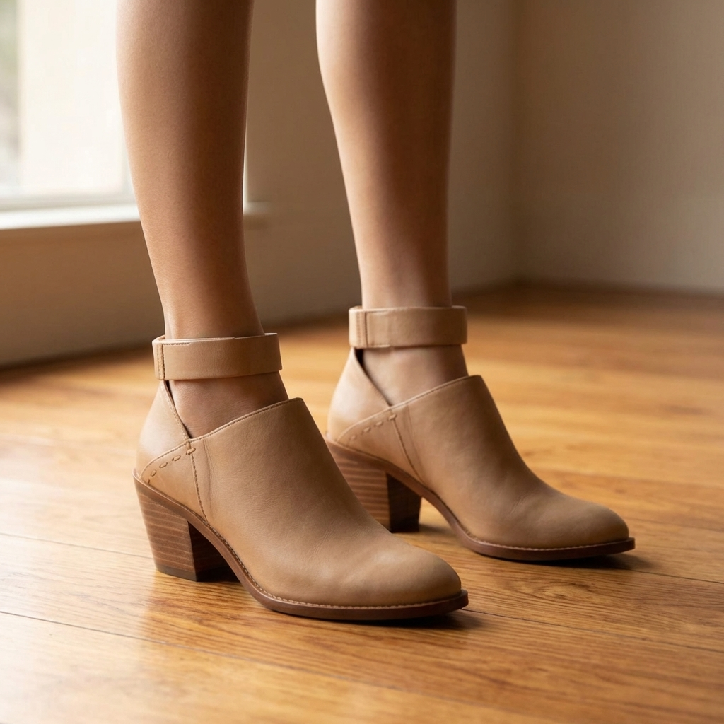 Women's Leather Ankle Boots Ankle Strap Cut-Out Block Heel Pointed Toe Booties