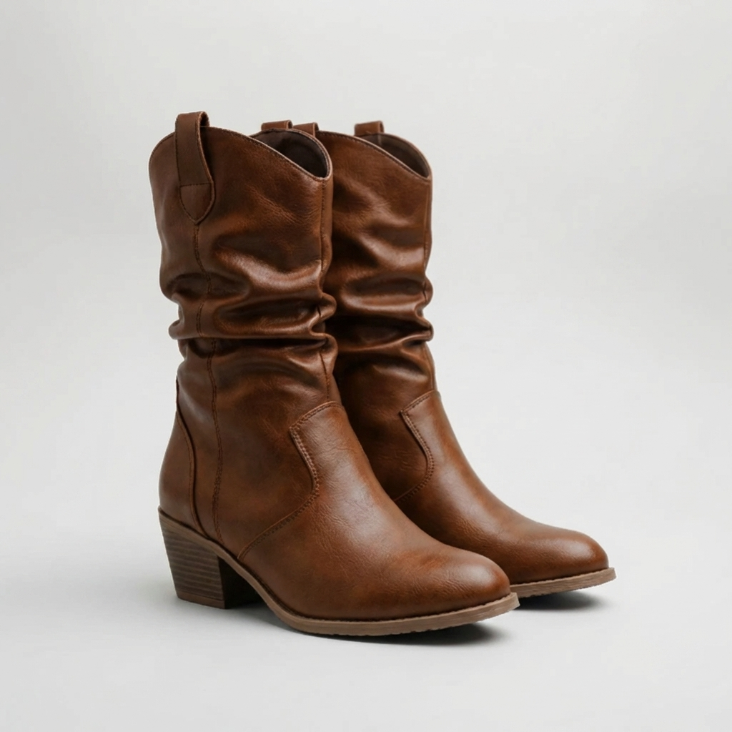 Women's Western Boots Pointed Toe Slouchy Mid-Calf Stacked Heel Pull-On Cowgirl