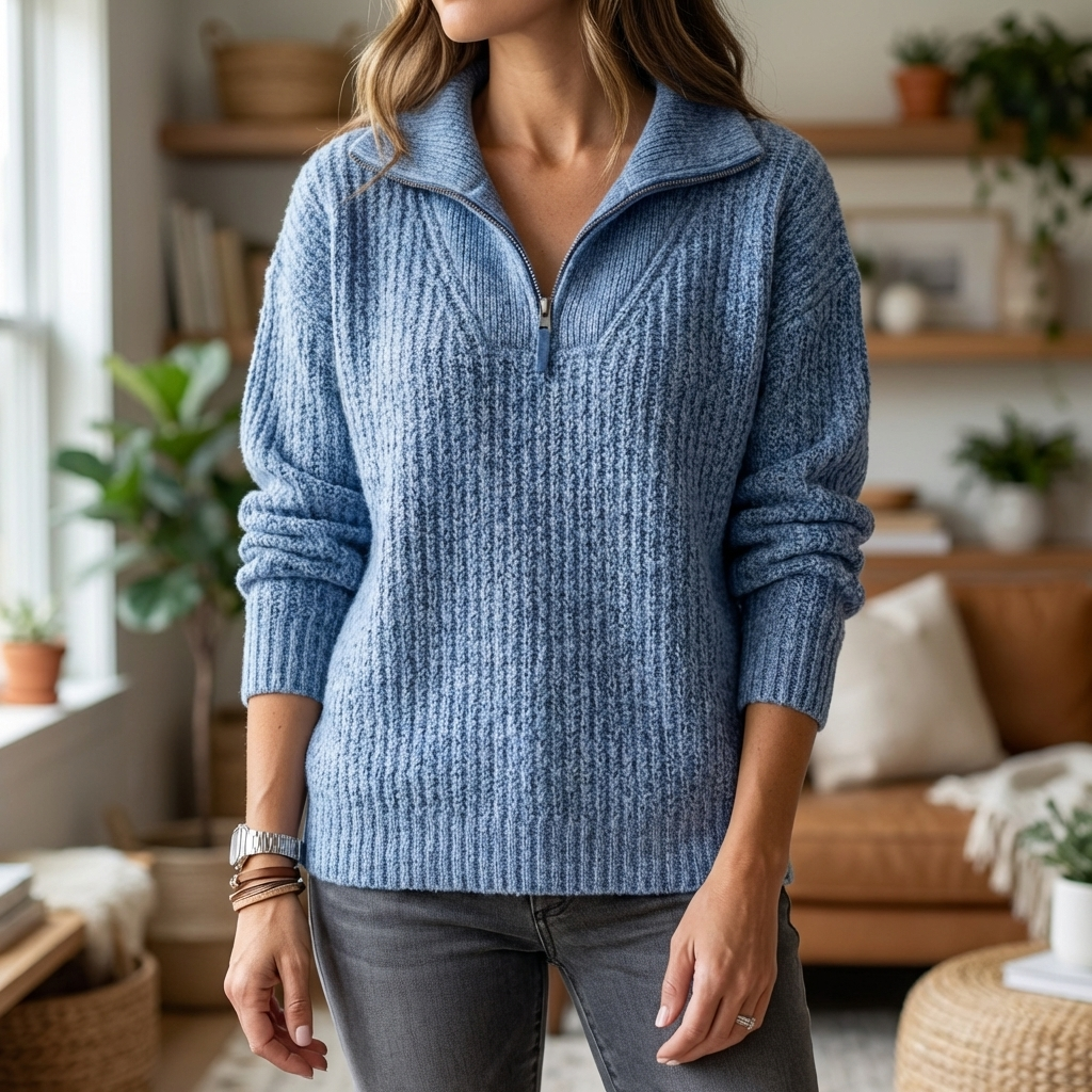 Women's Ribbed Knit Quarter-Zip Sweater Spread Collar Long Sleeve Pullover Warm