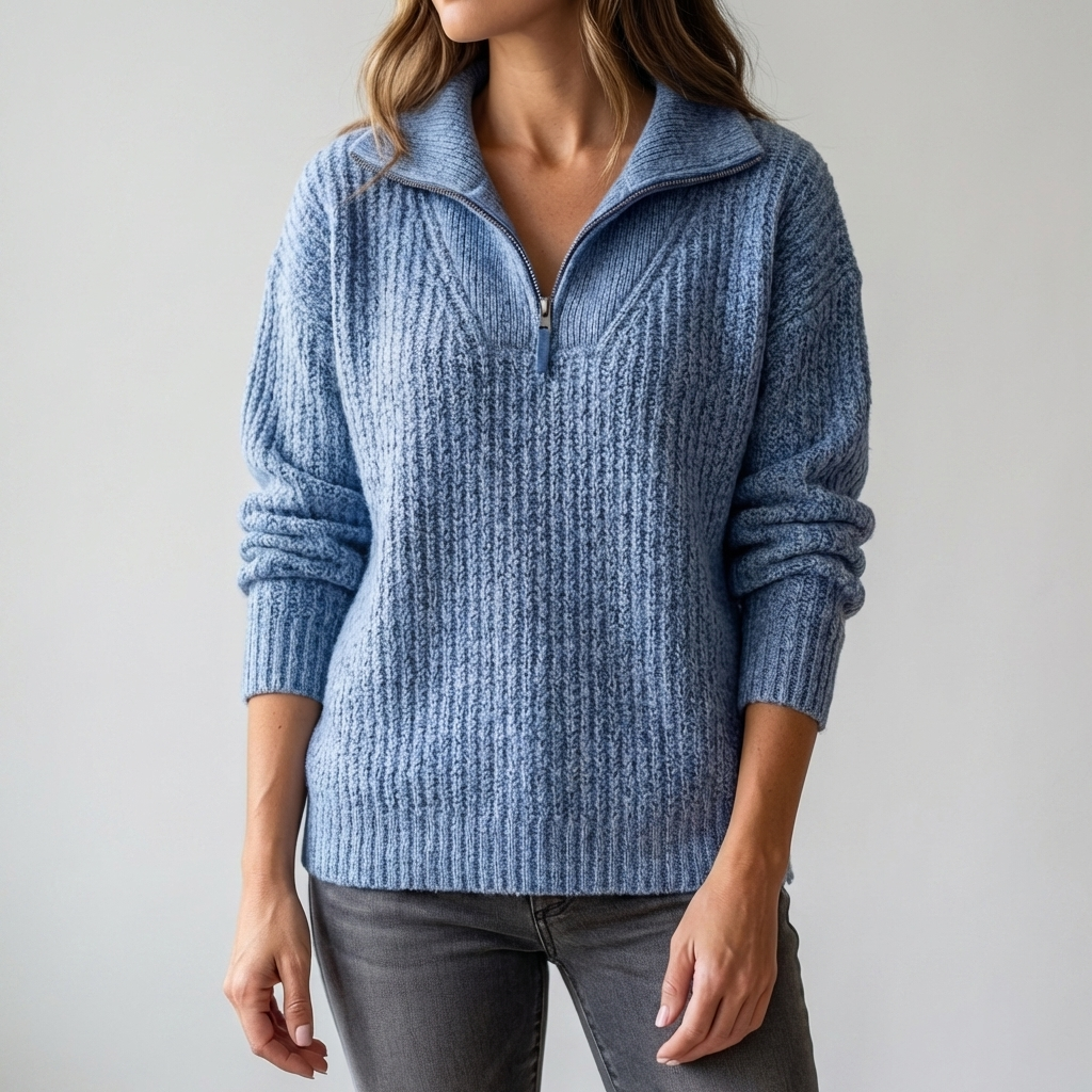 Women's Ribbed Knit Quarter-Zip Sweater Spread Collar Long Sleeve Pullover Warm