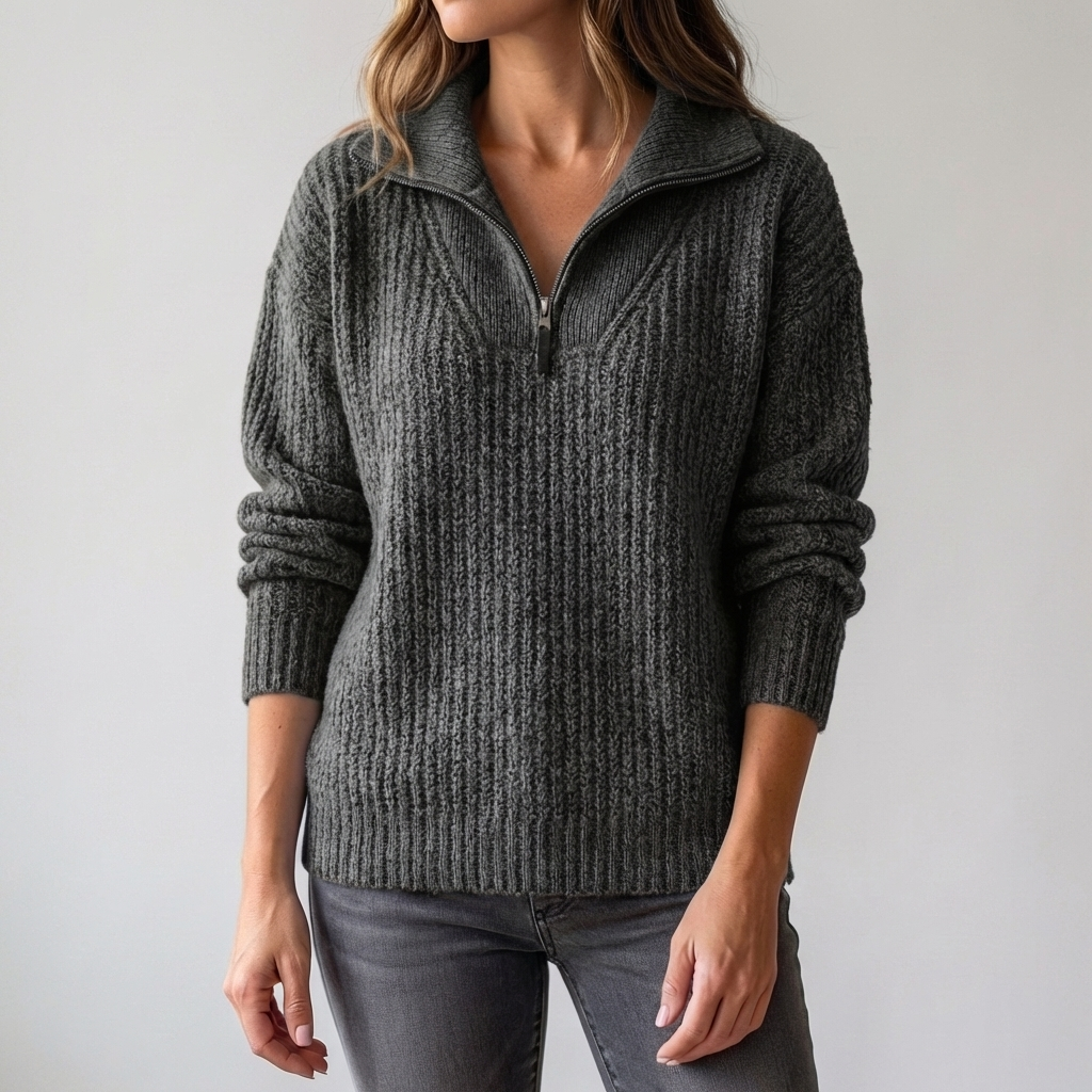 Women's Ribbed Knit Quarter-Zip Sweater Spread Collar Long Sleeve Pullover Warm