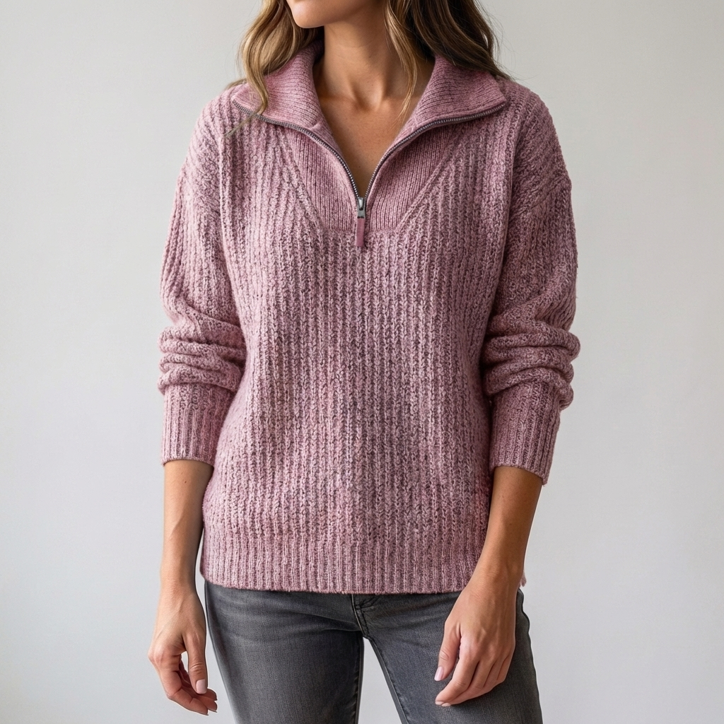 Women's Ribbed Knit Quarter-Zip Sweater Spread Collar Long Sleeve Pullover Warm
