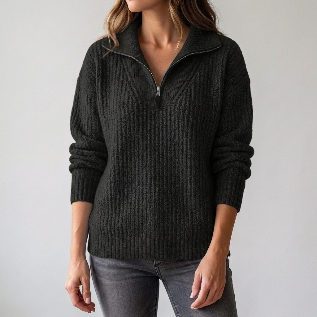 Women's Ribbed Knit Quarter-Zip Sweater Spread Collar Long Sleeve Pullover Warm