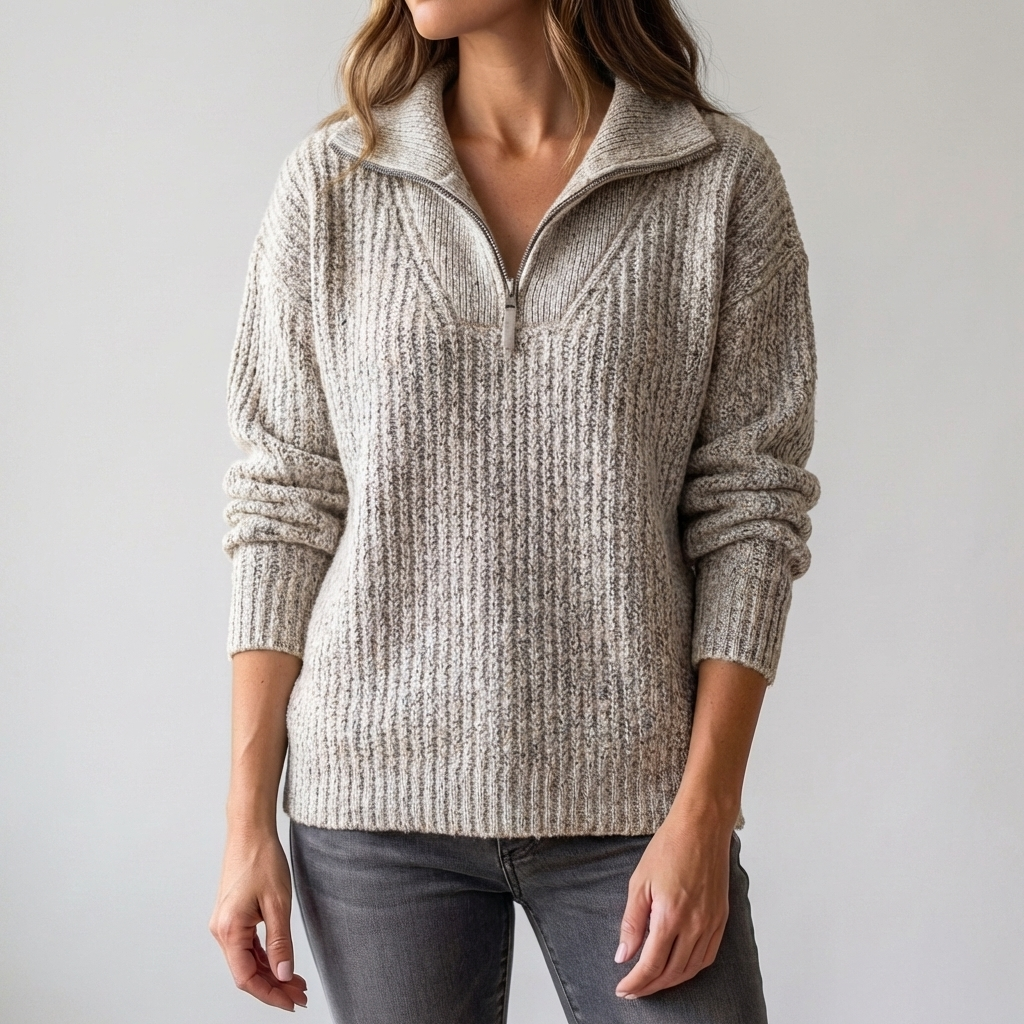 Women's Ribbed Knit Quarter-Zip Sweater Spread Collar Long Sleeve Pullover Warm