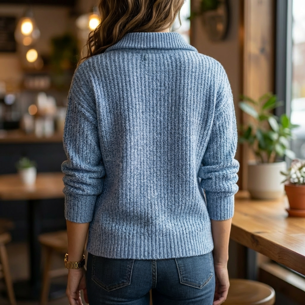 Women's Ribbed Knit Quarter-Zip Sweater Spread Collar Long Sleeve Pullover Warm