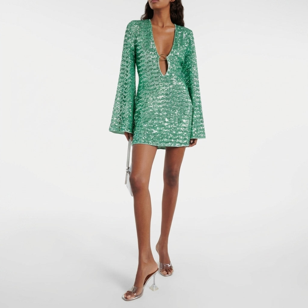 Women's Sequin Mini Dress V-Neck Long Sleeve O-Ring Bodycon Party Cocktail