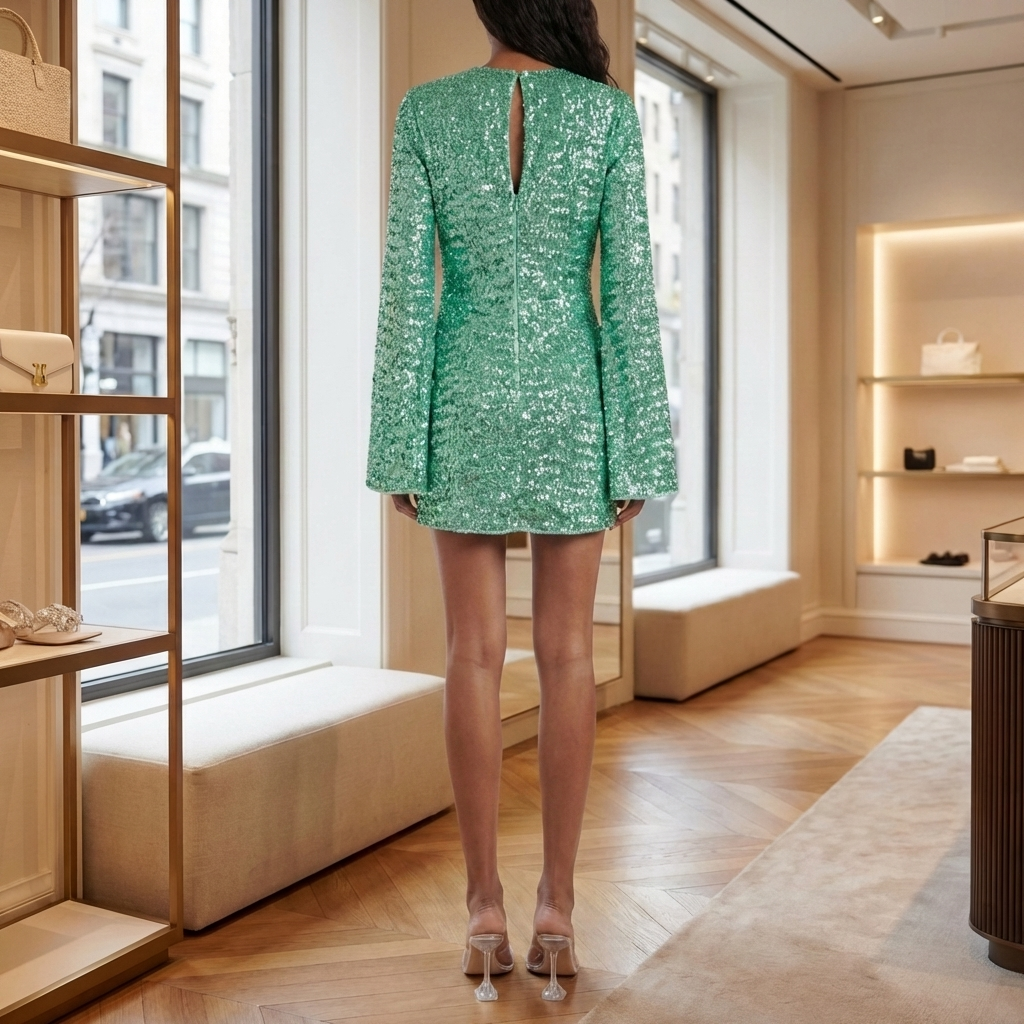 Women's Sequin Mini Dress V-Neck Long Sleeve O-Ring Bodycon Party Cocktail
