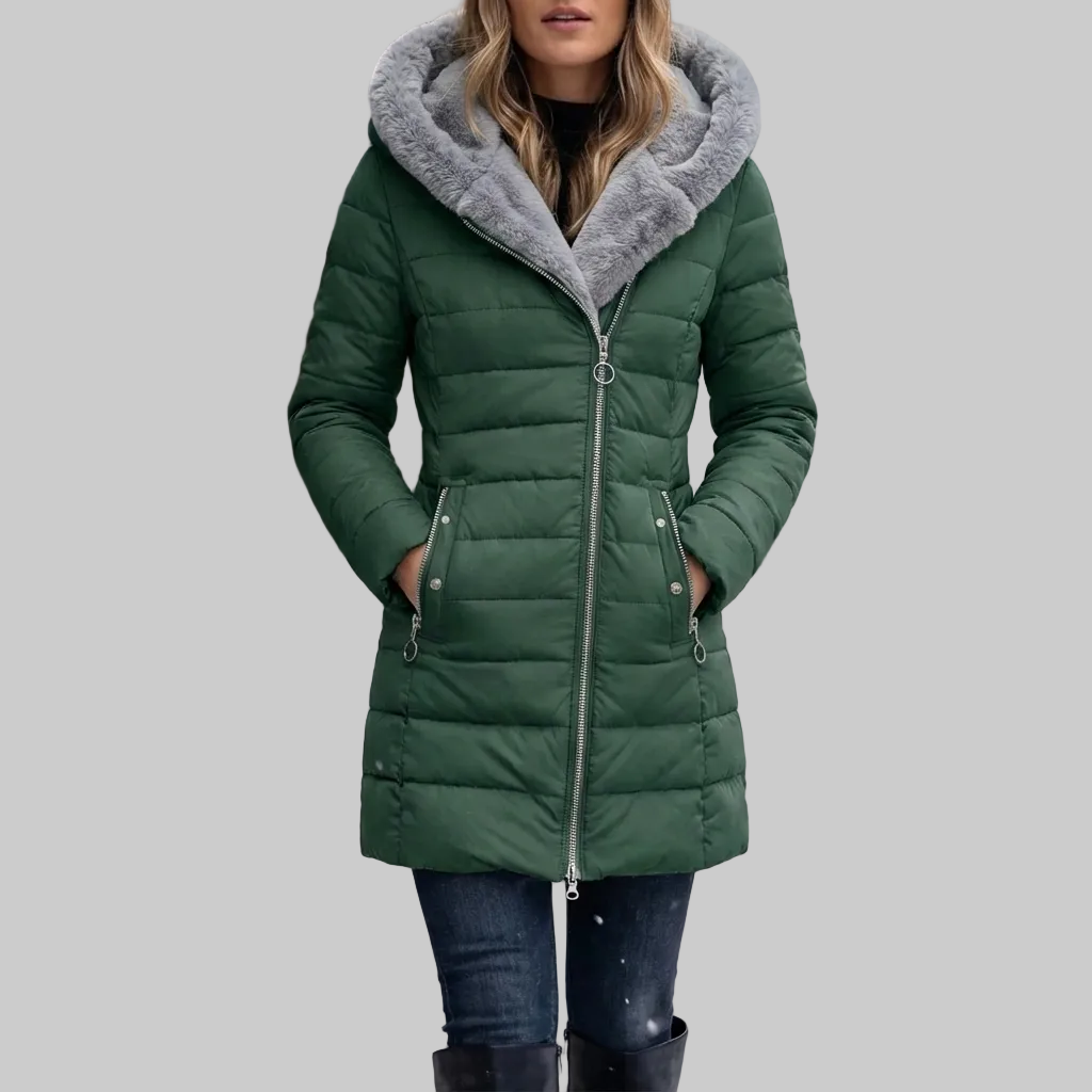 Women's Padded Hooded Puffer Coat Faux-Fur-Lined Mid-Length Fitted