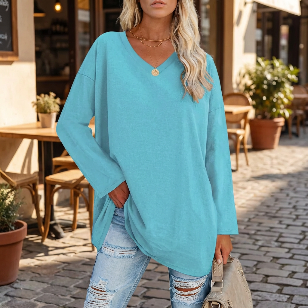 Women's Oversized Tunic Top V-Neck Long Sleeve Drop Shoulder Side-Slit Relaxed Pullover