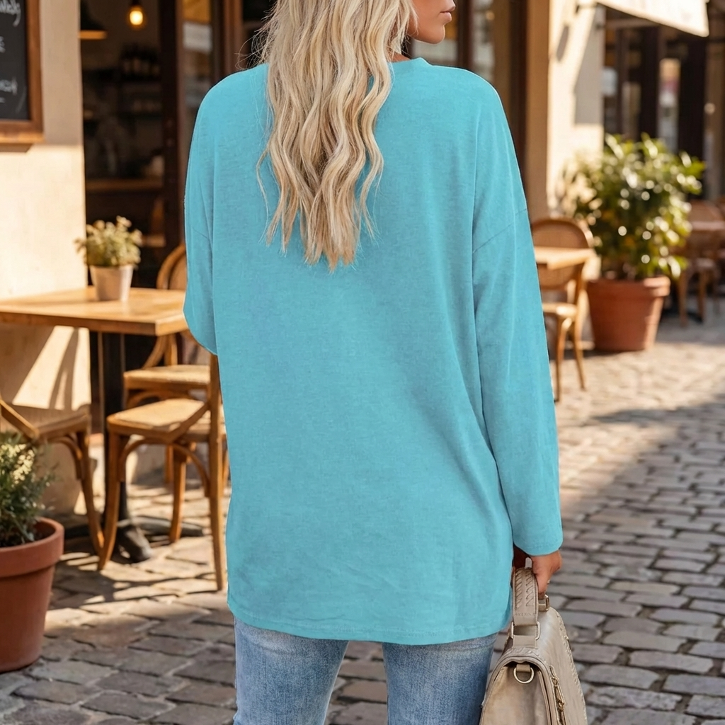 Women's Oversized Tunic Top V-Neck Long Sleeve Drop Shoulder Side-Slit Relaxed Pullover