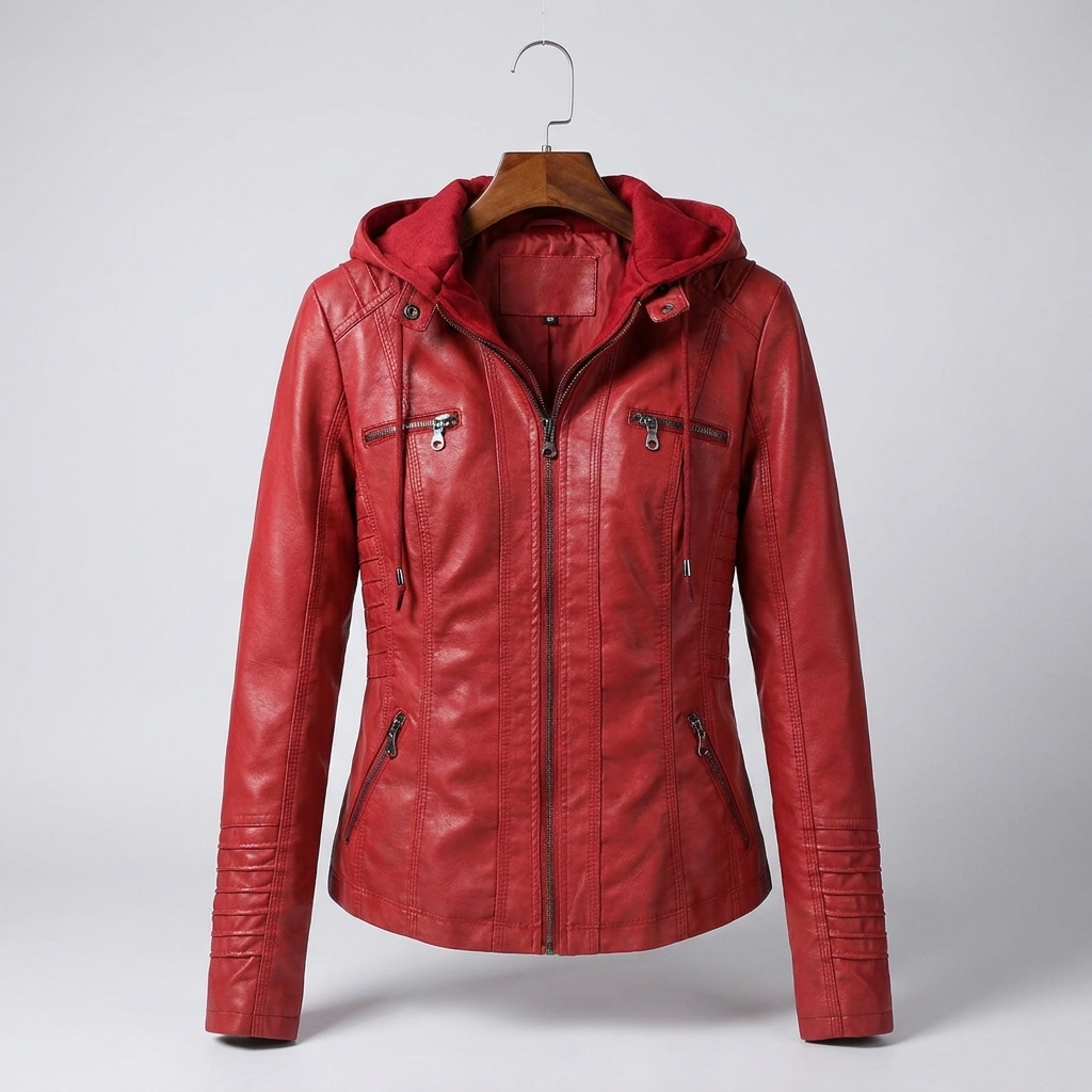 Women's Faux Leather Hooded Moto Jacket Zip-Up Removable Hood Fitted Biker Style