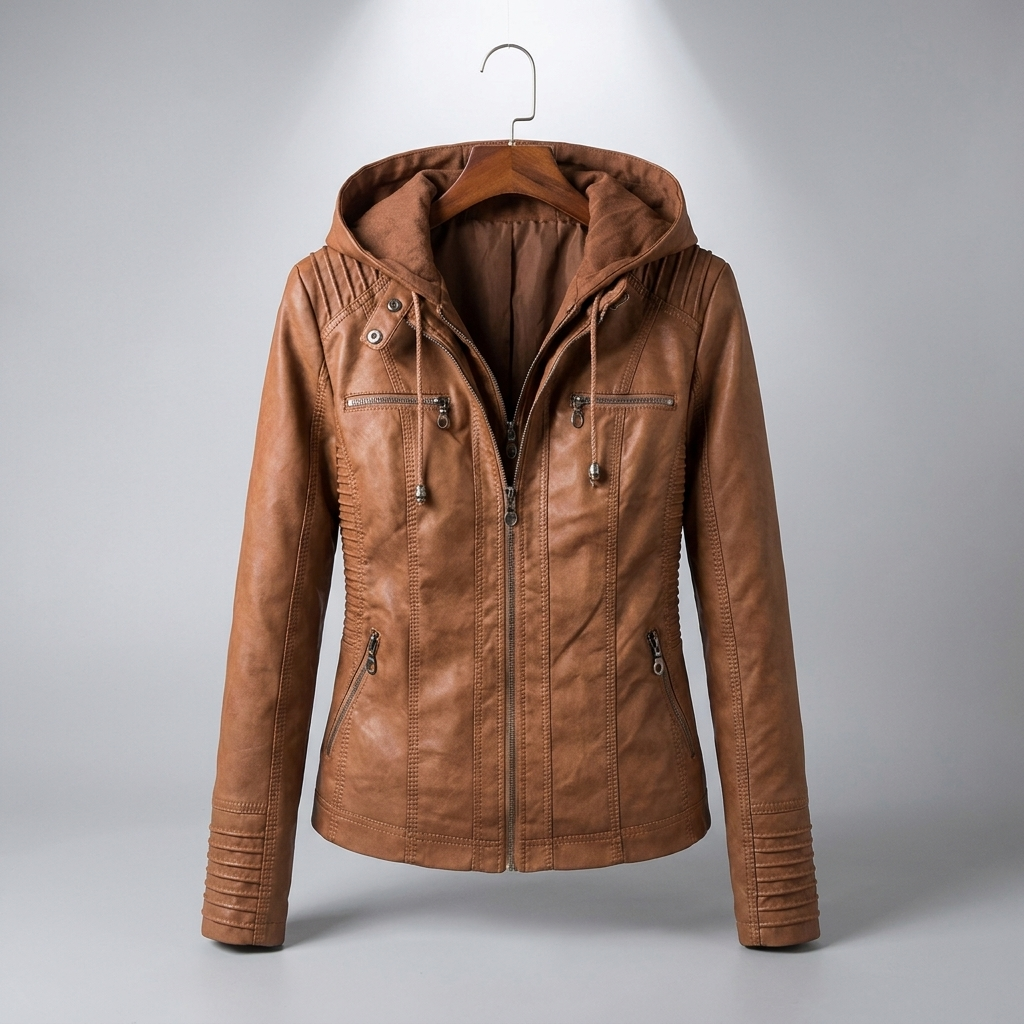 Women's Faux Leather Hooded Moto Jacket Zip-Up Removable Hood Fitted Biker Style