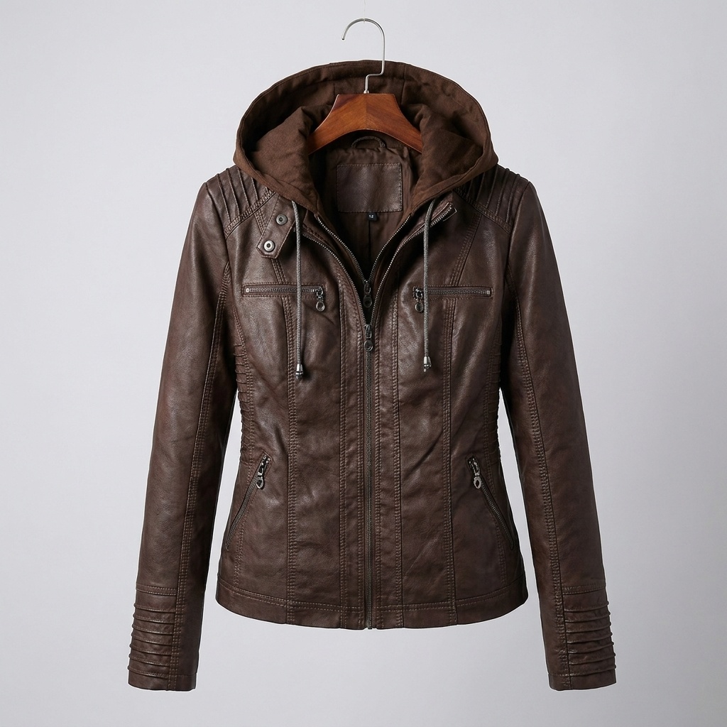 Women's Faux Leather Hooded Moto Jacket Zip-Up Removable Hood Fitted Biker Style