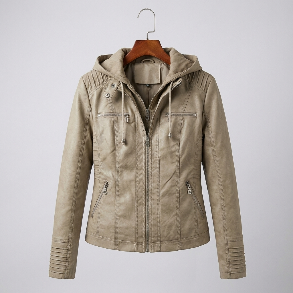 Women's Faux Leather Hooded Moto Jacket Zip-Up Removable Hood Fitted Biker Style