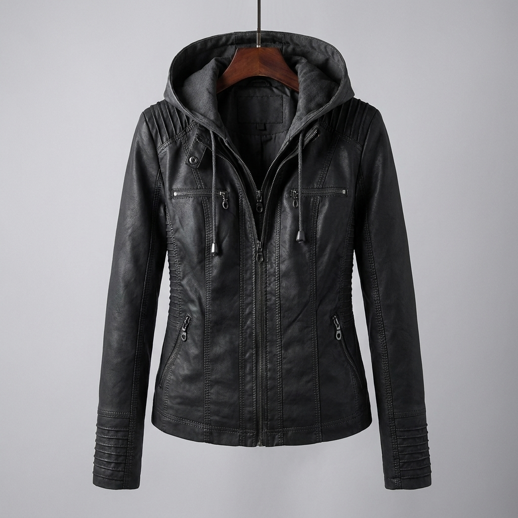 Women's Faux Leather Hooded Moto Jacket Zip-Up Removable Hood Fitted Biker Style
