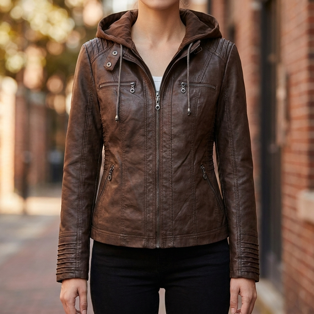 Women's Faux Leather Hooded Moto Jacket Zip-Up Removable Hood Fitted Biker Style