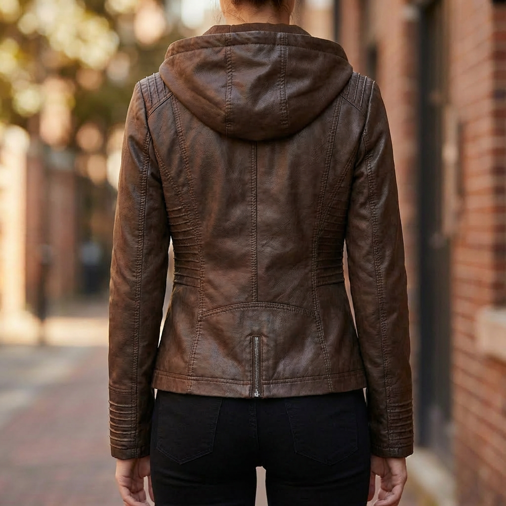 Women's Faux Leather Hooded Moto Jacket Zip-Up Removable Hood Fitted Biker Style