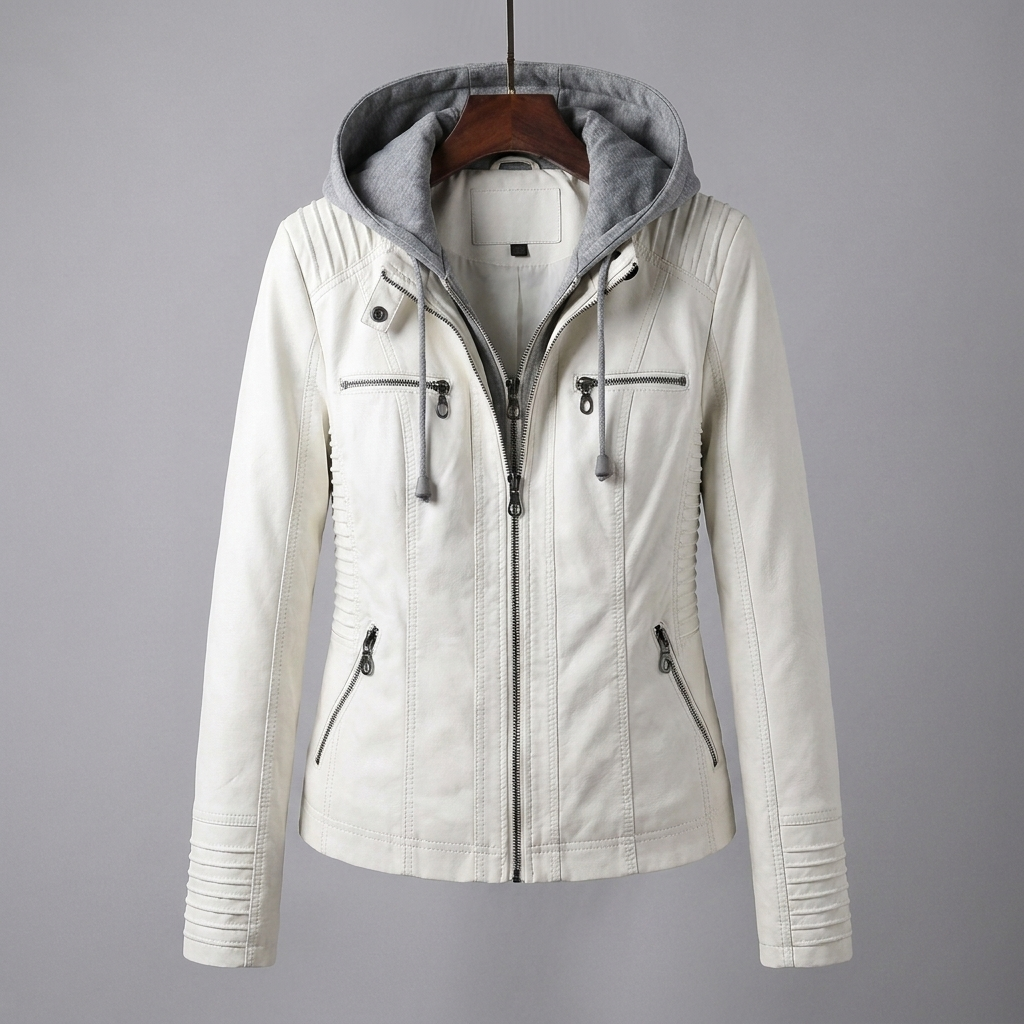 Women's Faux Leather Hooded Moto Jacket Zip-Up Removable Hood Fitted Biker Style