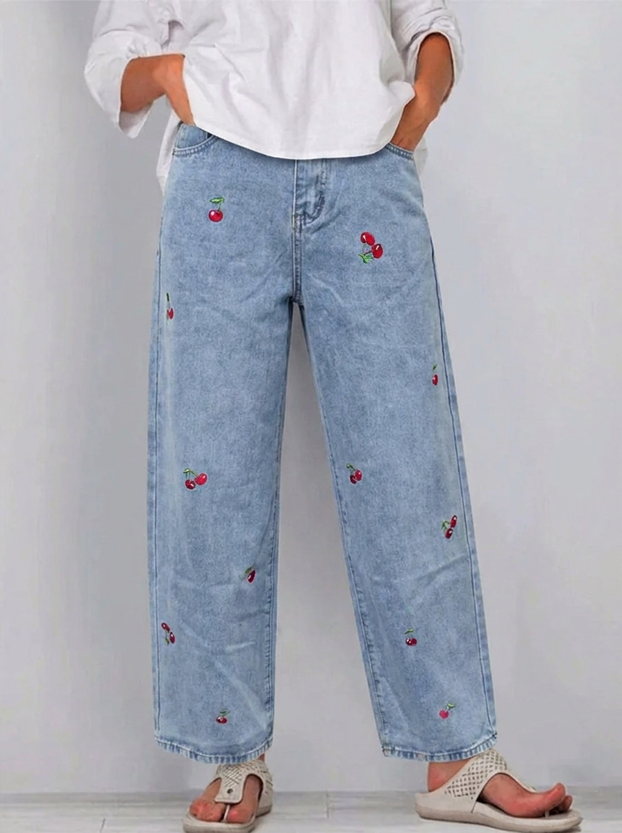 Women's Wide Leg Jeans Cherry Embroidered High Waist Relaxed Blue