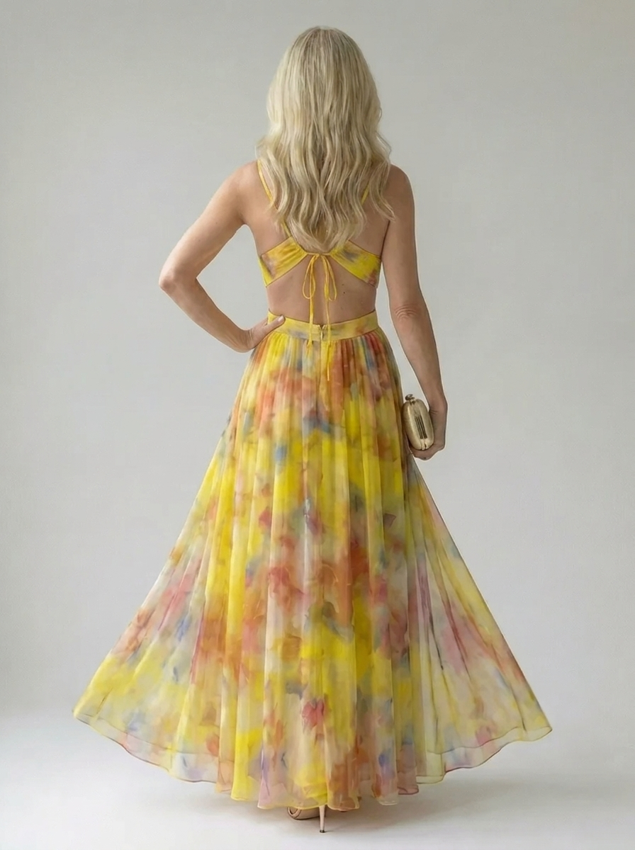 Women's Floral Chiffon Maxi Dress V-Neck Wrap Tulle Flowy Elegant