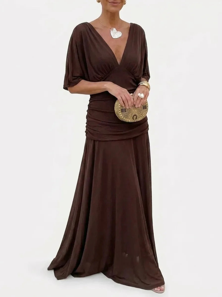 Women's V-Neck Maxi Dress Ruched Kimono-Sleeve Empire-Waist Flowy Elegant