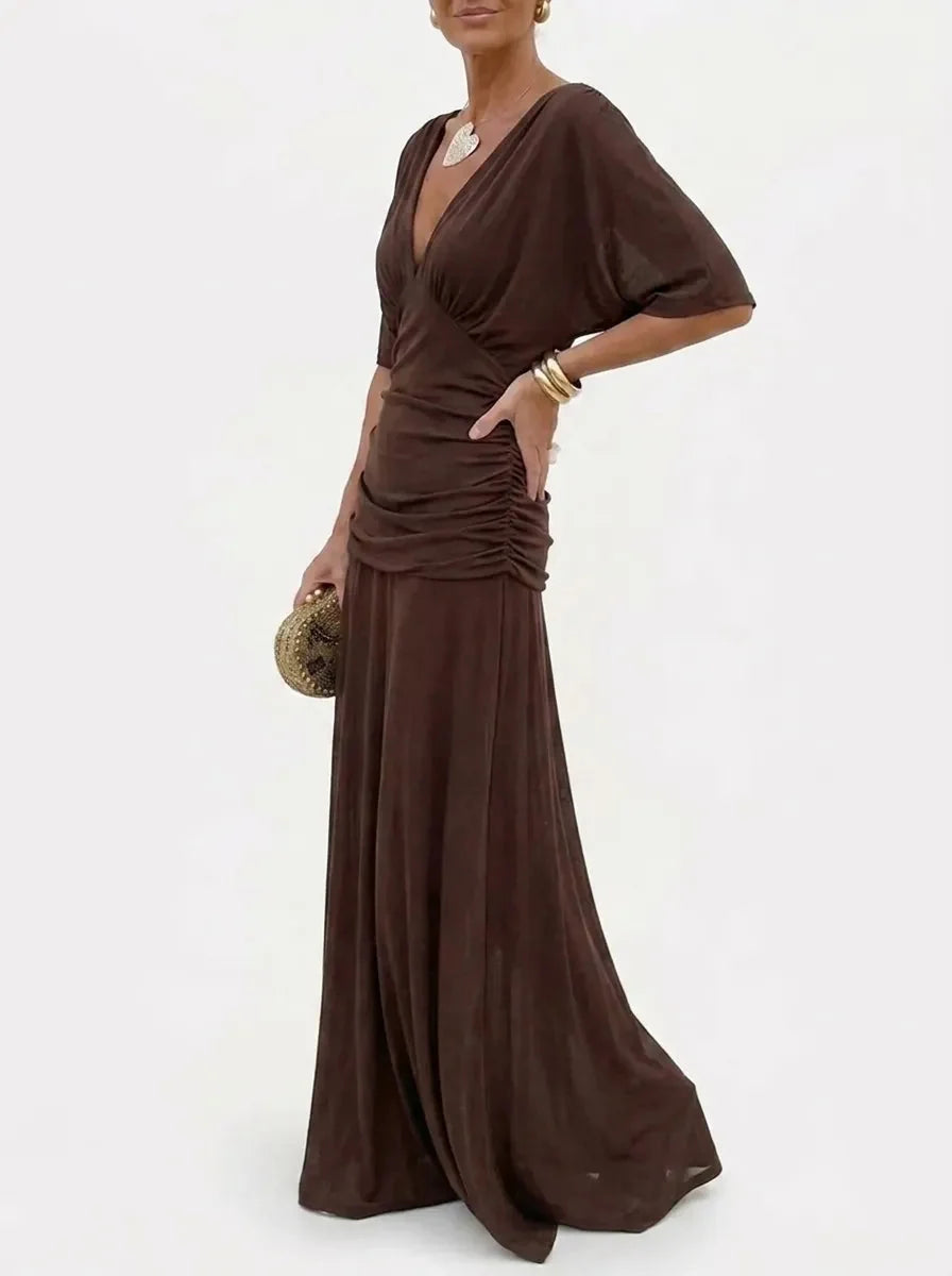 Women's V-Neck Maxi Dress Ruched Kimono-Sleeve Empire-Waist Flowy Elegant
