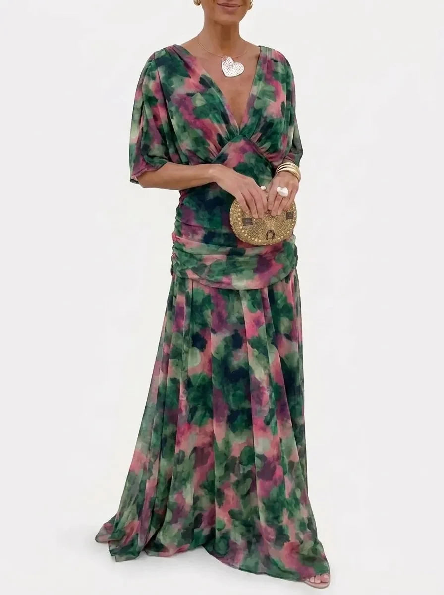 Women's V-Neck Maxi Dress Ruched Kimono-Sleeve Empire-Waist Flowy Elegant