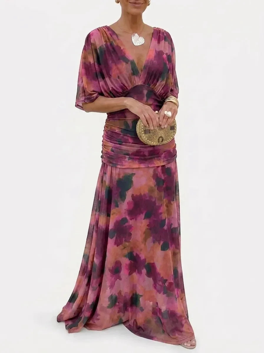 Women's V-Neck Maxi Dress Ruched Kimono-Sleeve Empire-Waist Flowy Elegant
