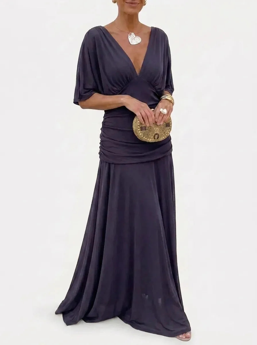 Women's V-Neck Maxi Dress Ruched Kimono-Sleeve Empire-Waist Flowy Elegant